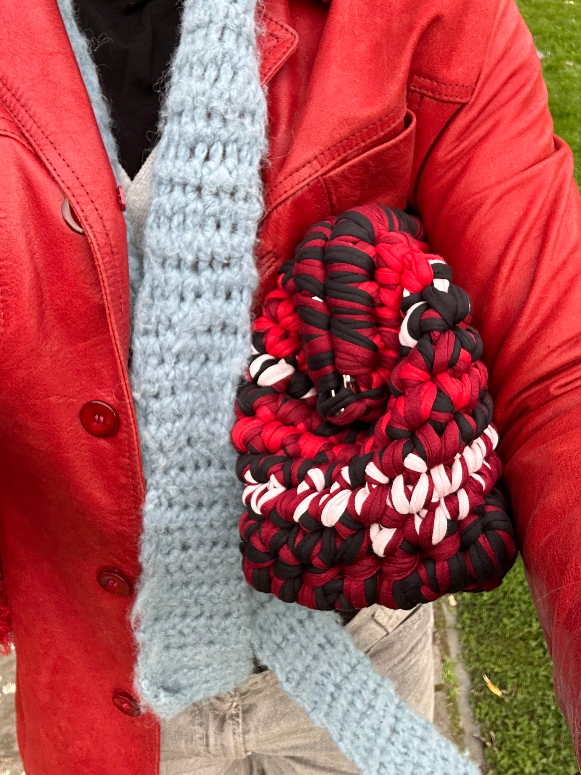dark red crochet makeup bag