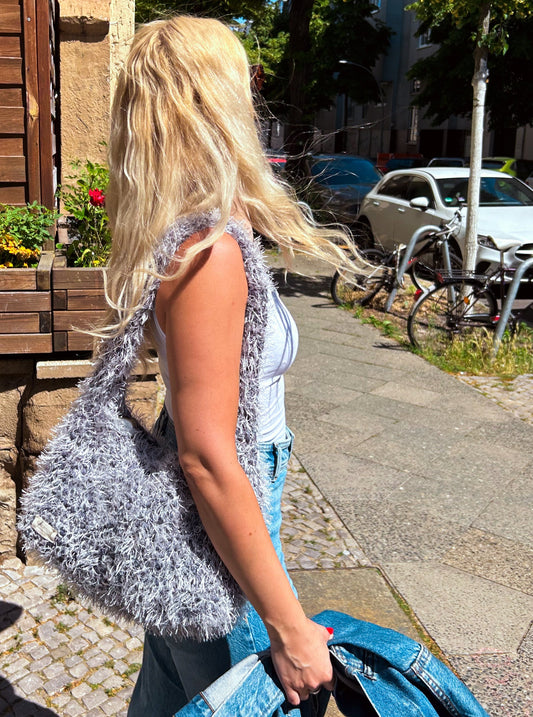 Fluffy Grey Crochet Bag - LIINA