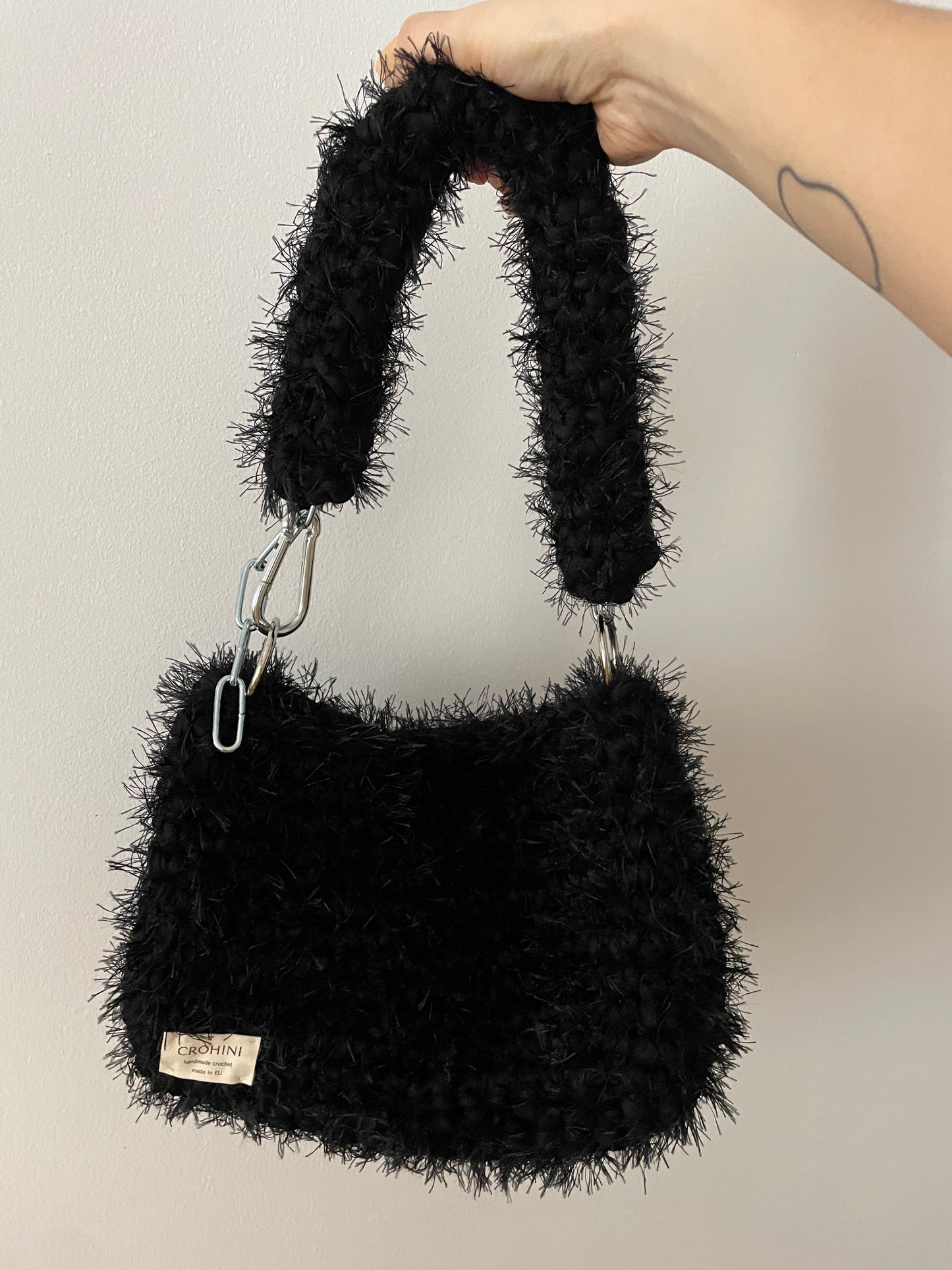 Fluffy Black JOE Crochet Bag - Medium