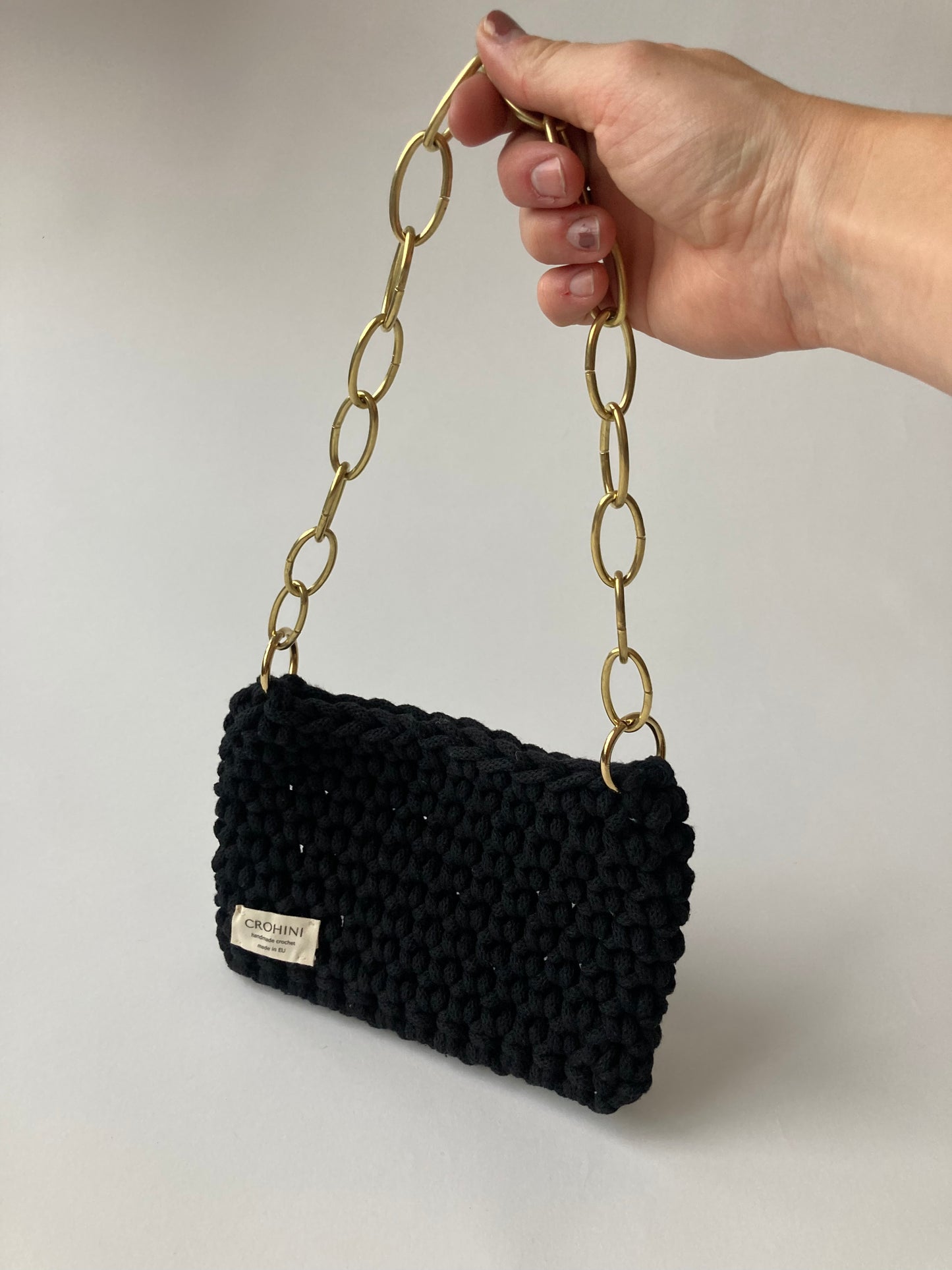 Black Mini Crochet Bag | JOE Bag | Gold Chain Handle