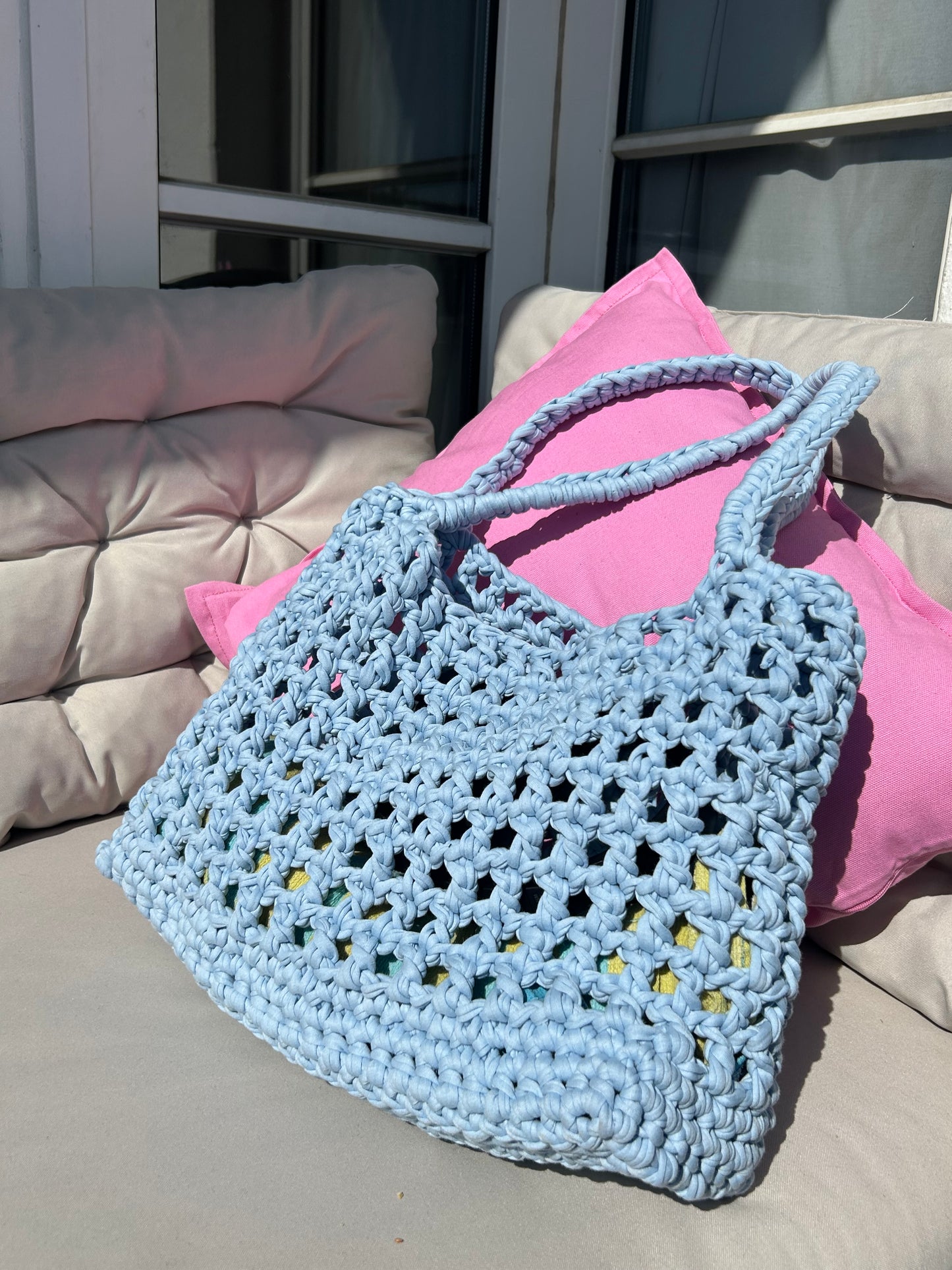 Baby Blue Crochet Tote Bag - BEACH PLEASE