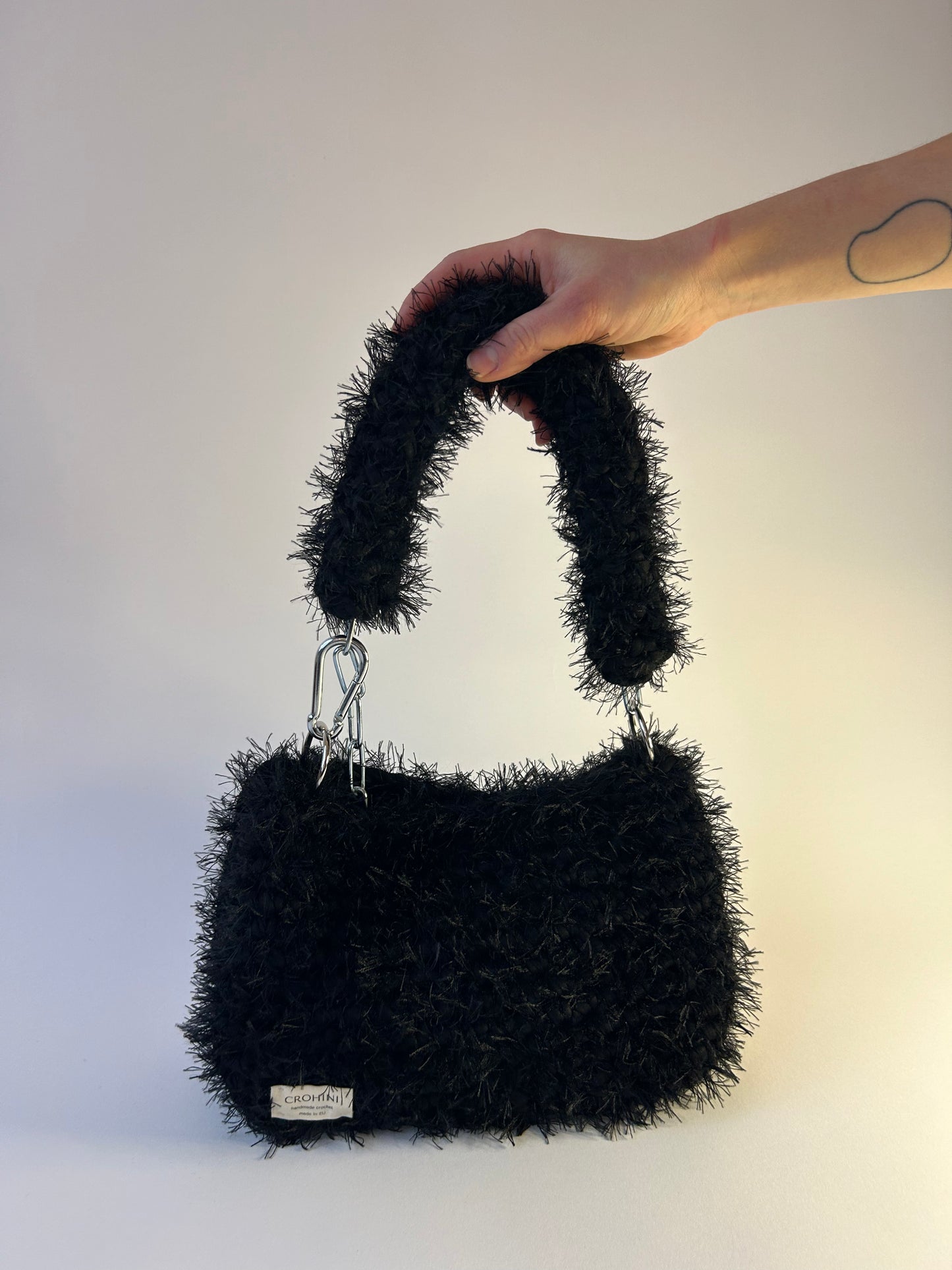 Fluffy Black JOE Crochet Bag - Medium