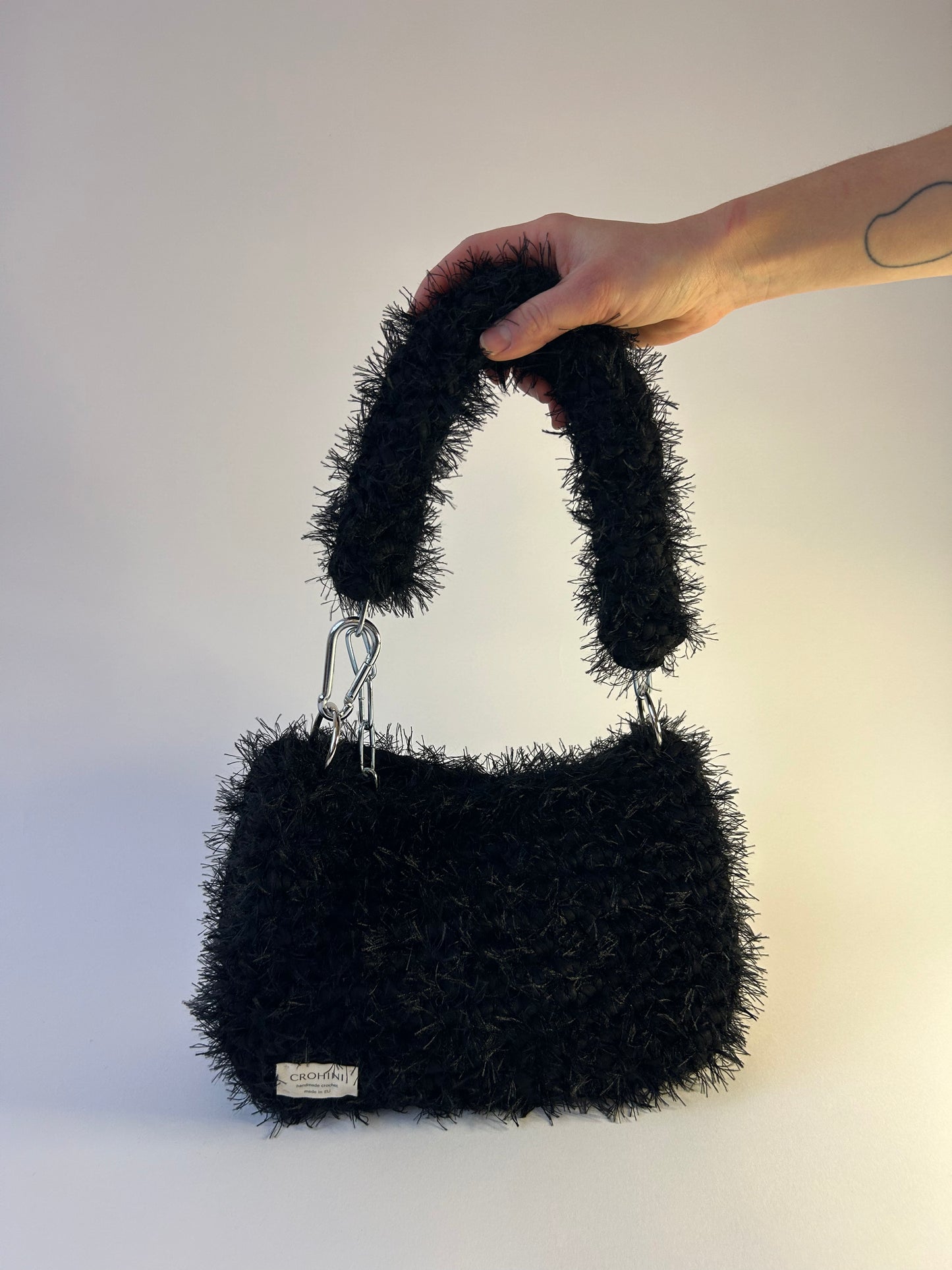 Fluffy Black JOE Crochet Bag - Medium