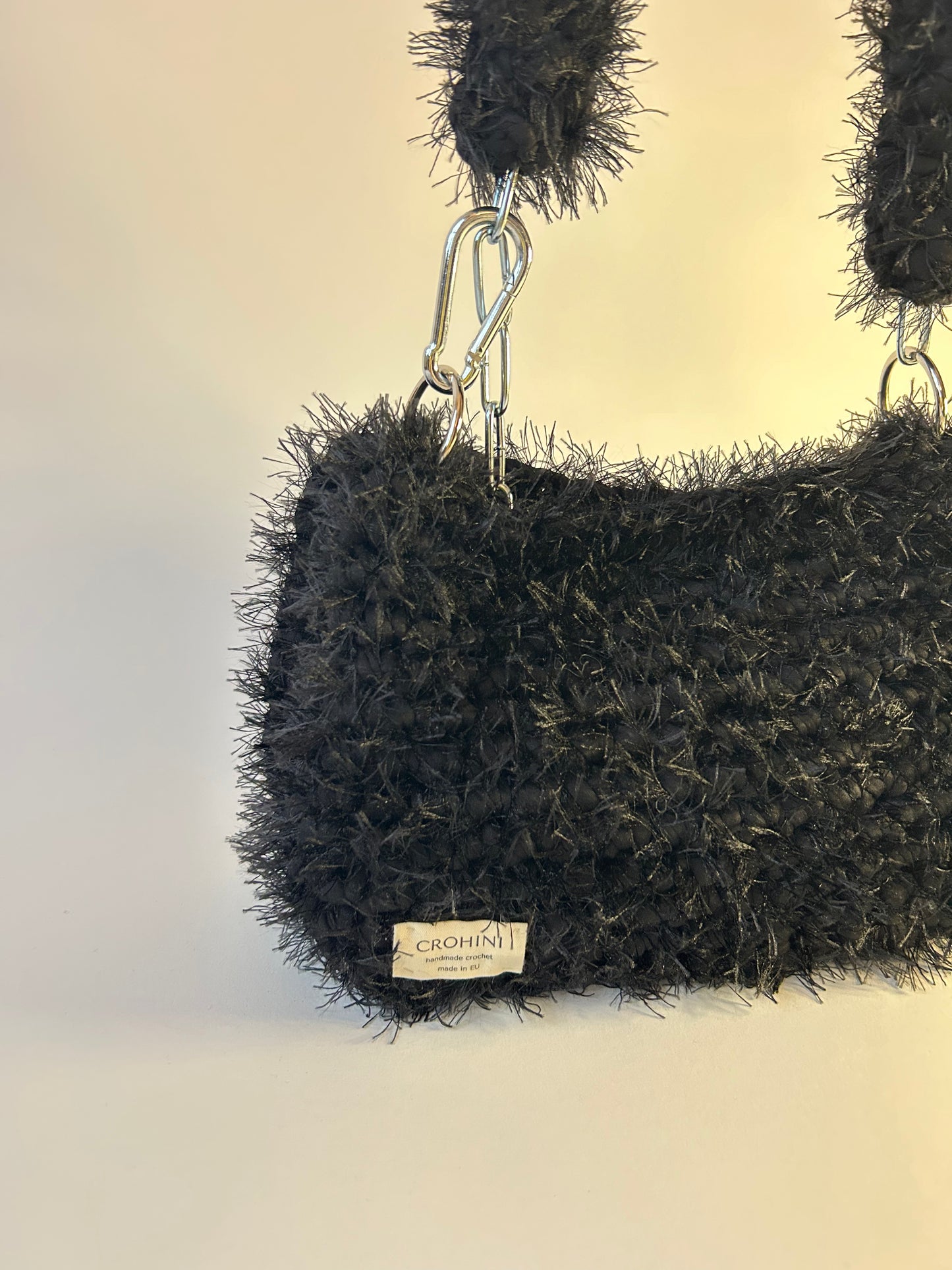Fluffy Black JOE Crochet Bag - Medium