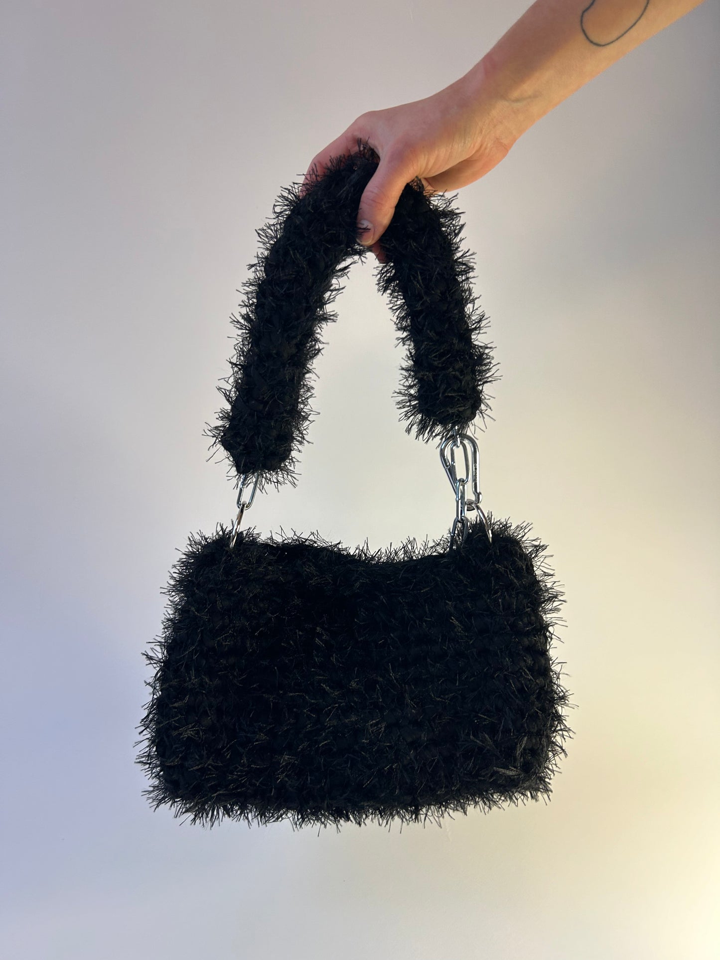 Fluffy Black JOE Crochet Bag - Medium