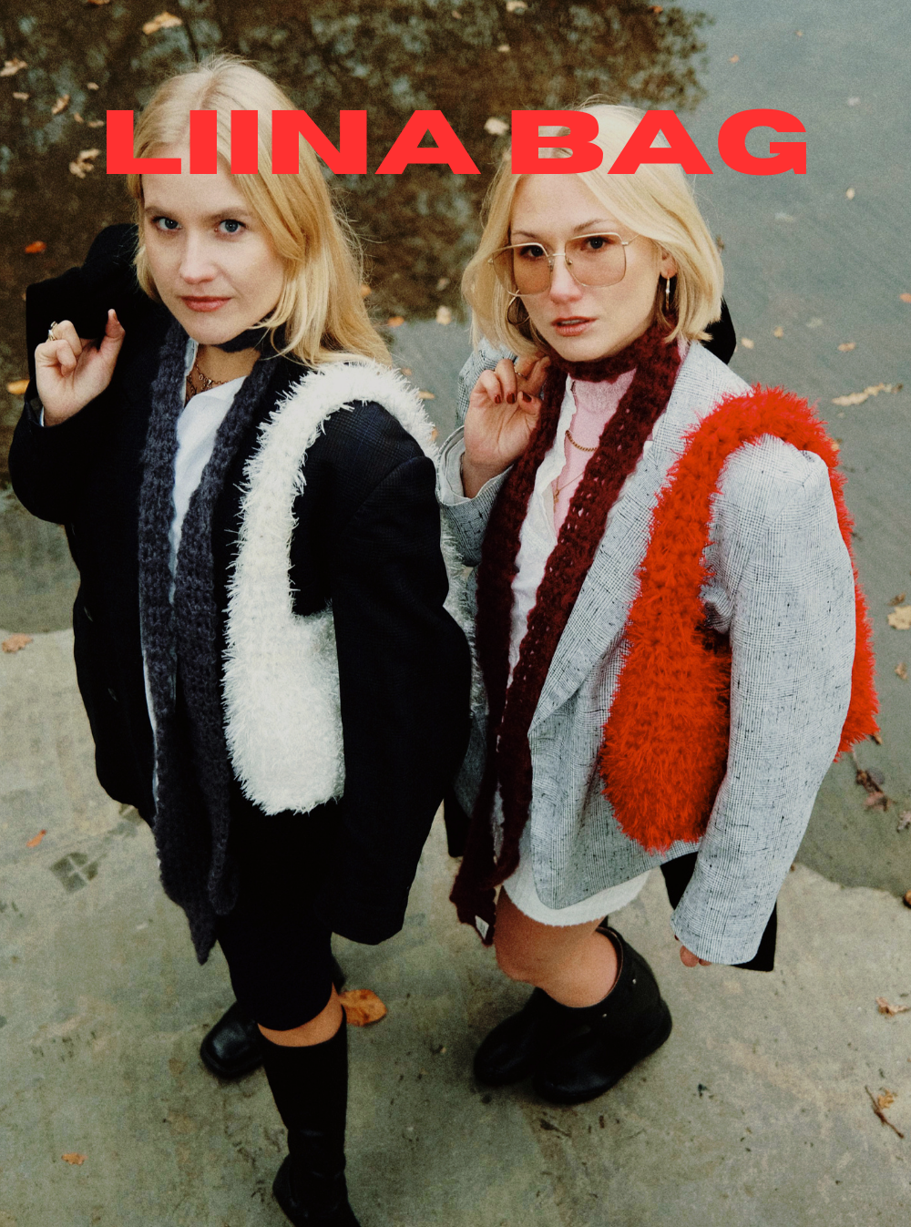 Two people wearing colorful knitted vests with 'LIINA BAG' branding.