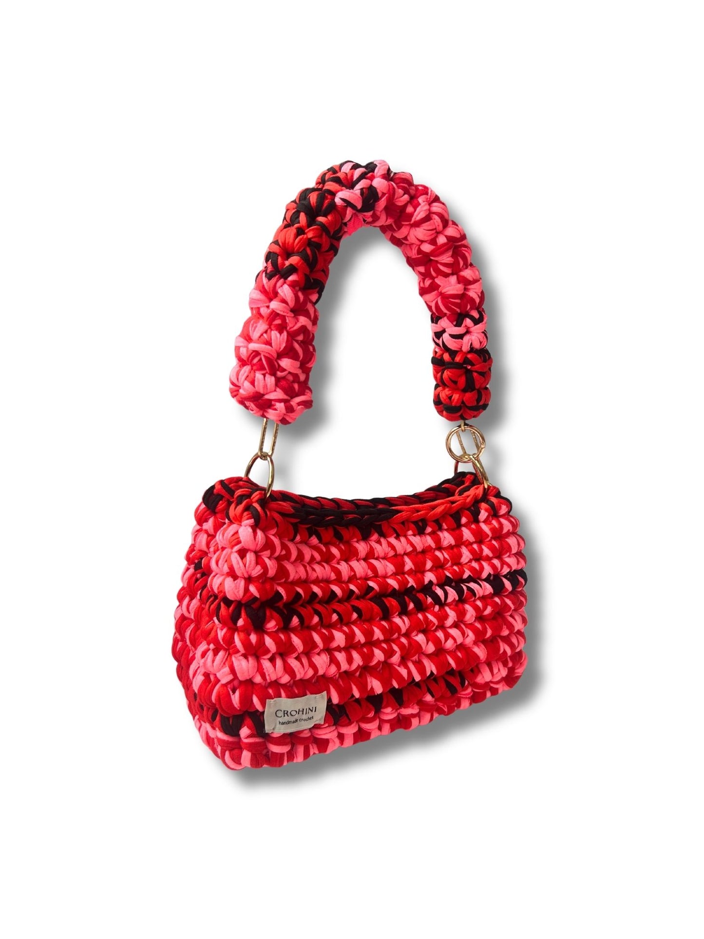 Product image of a handmade Red Pink and Black Crochet Bag with a gold chain