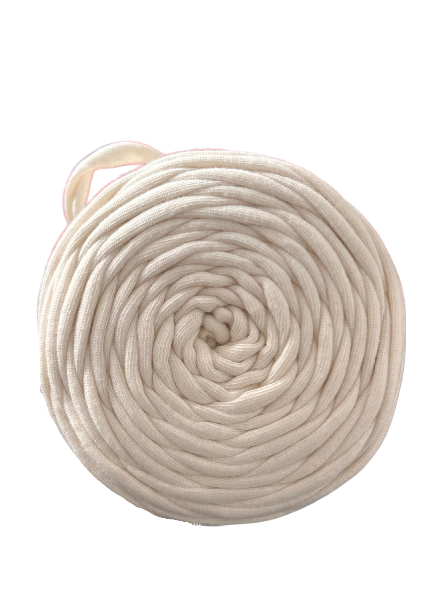 roll of off-white tshirt yarn on a white background