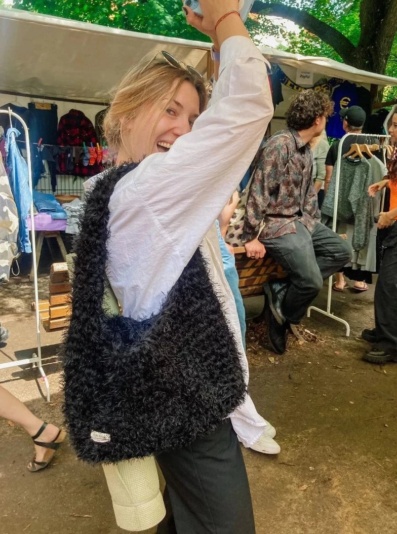 Black fluffy handbag sales