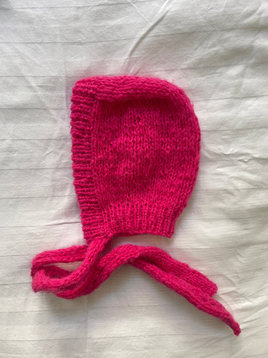 HOT PINK Knitted Bonnet from Alpaca Wool l Handmade