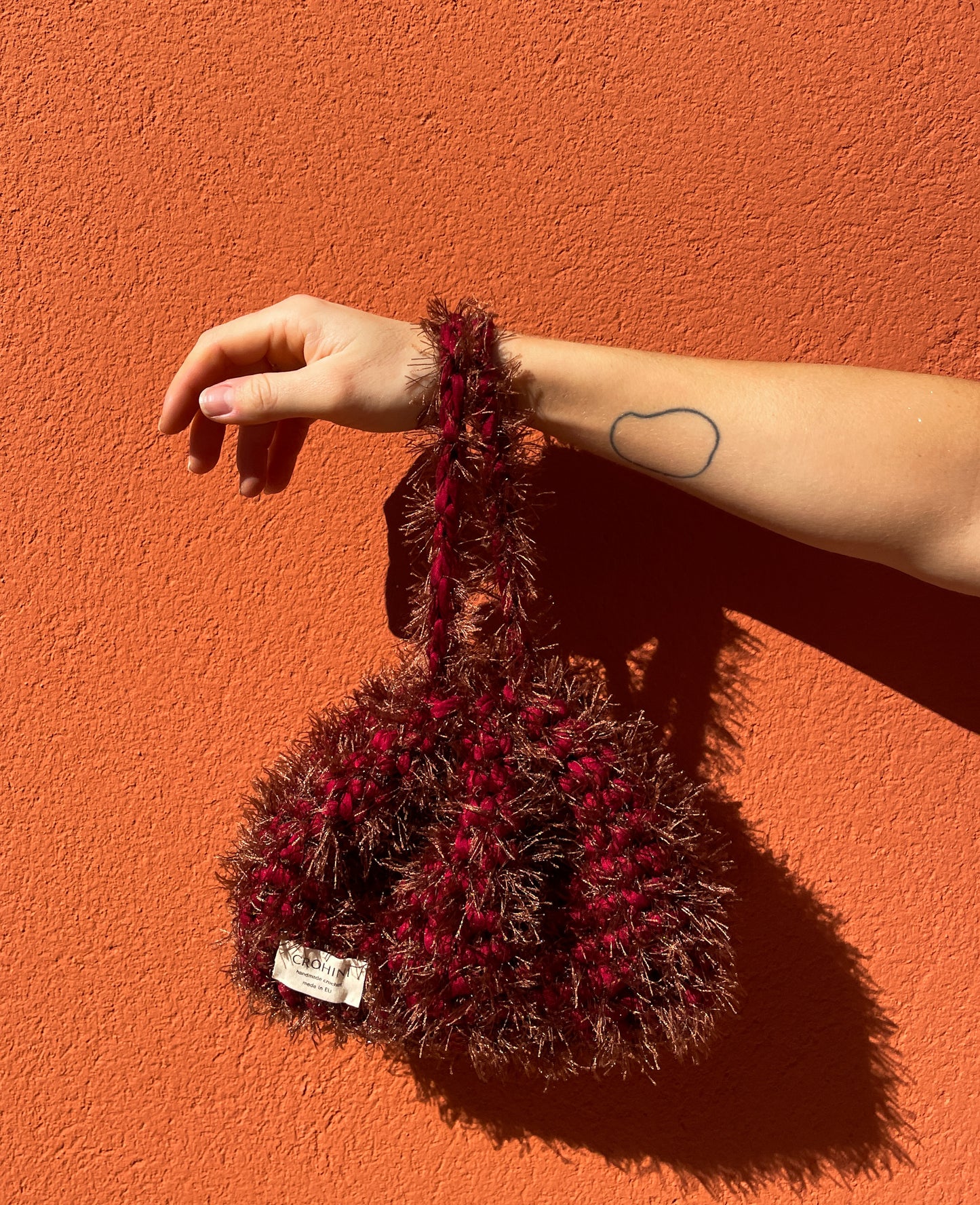 Fluffy Bordeaux Crochet Pouch Bag - MIRJAM