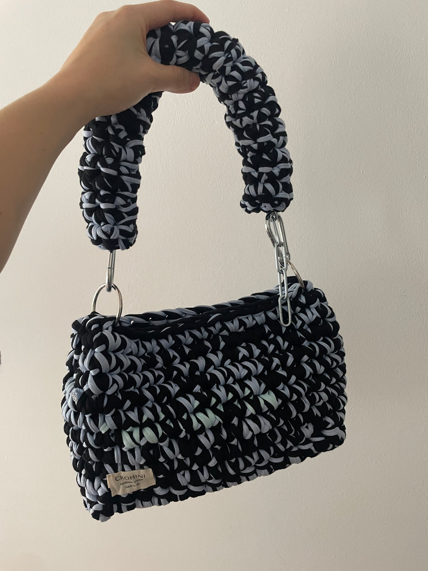 Medium Black and Light Blue Crochet Bag - Medium Crohini JOE Bag - Handmade