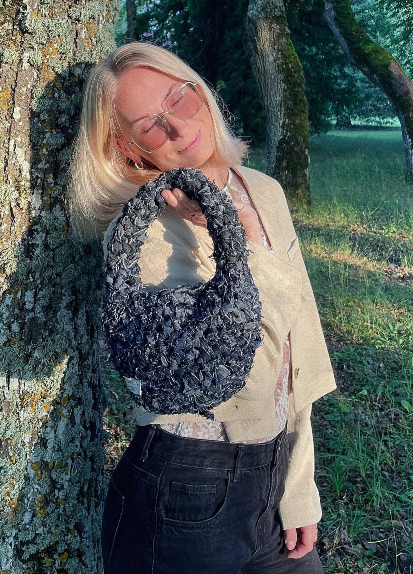 Up-cycled Dark Denim Crochet Bag - MICA