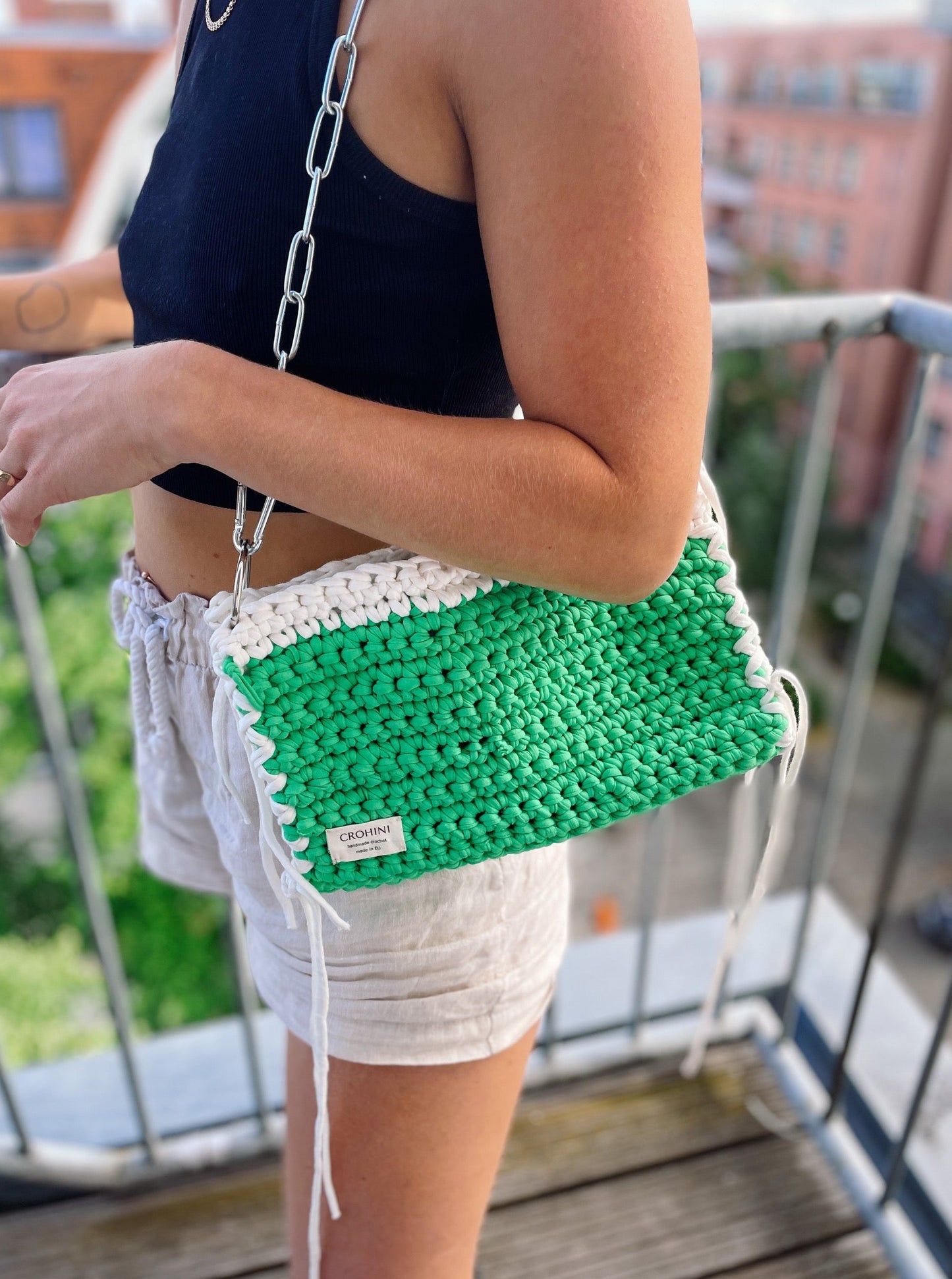Green and White TERJE Crochet Bag - Medium