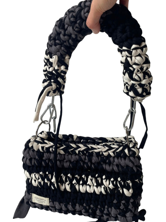 Black and Grey Crochet bag with silver chain handle