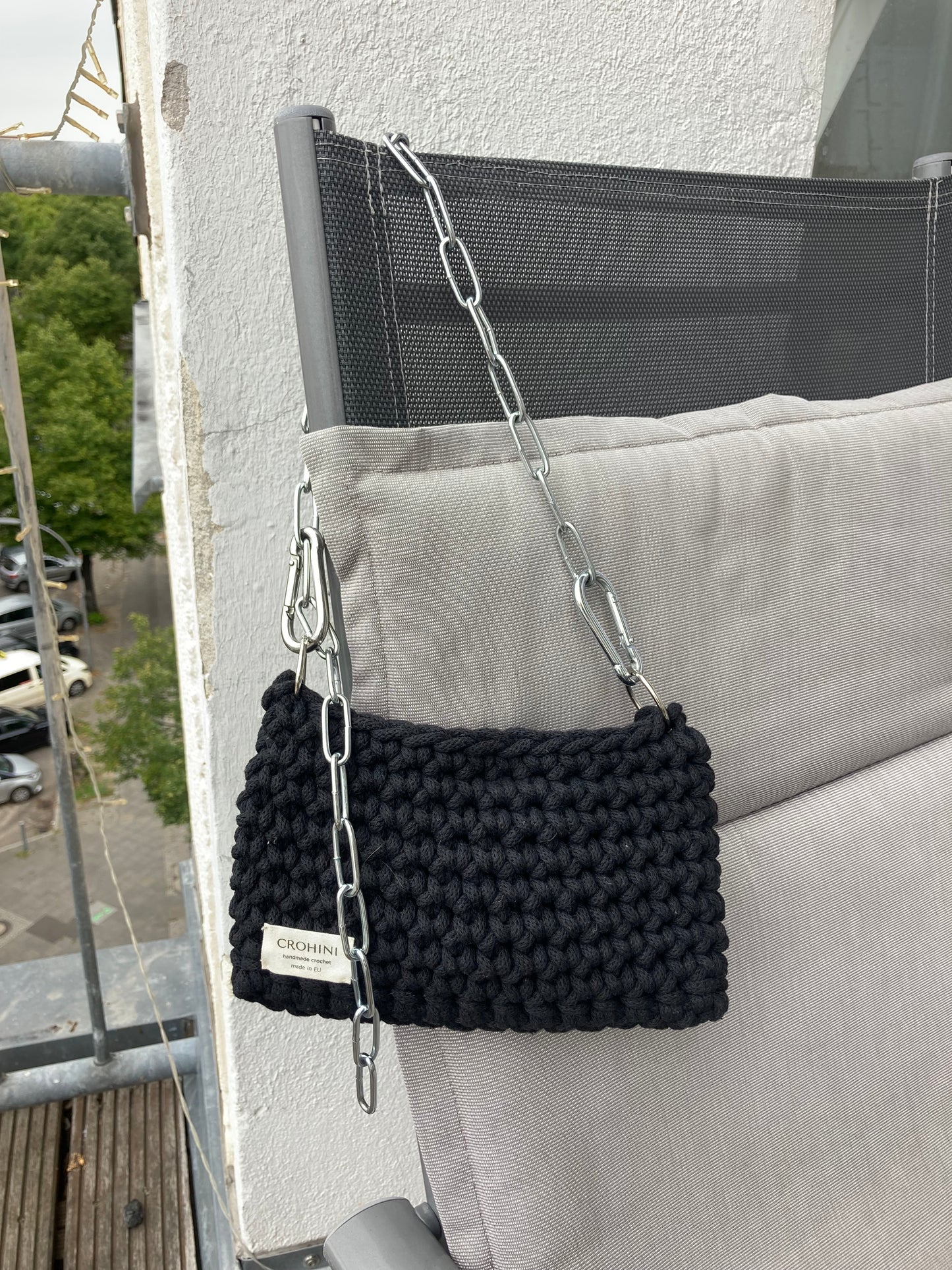 Mini JOE Black Crochet Bag | Silver Chain Handle | Gehäkelte Tasche