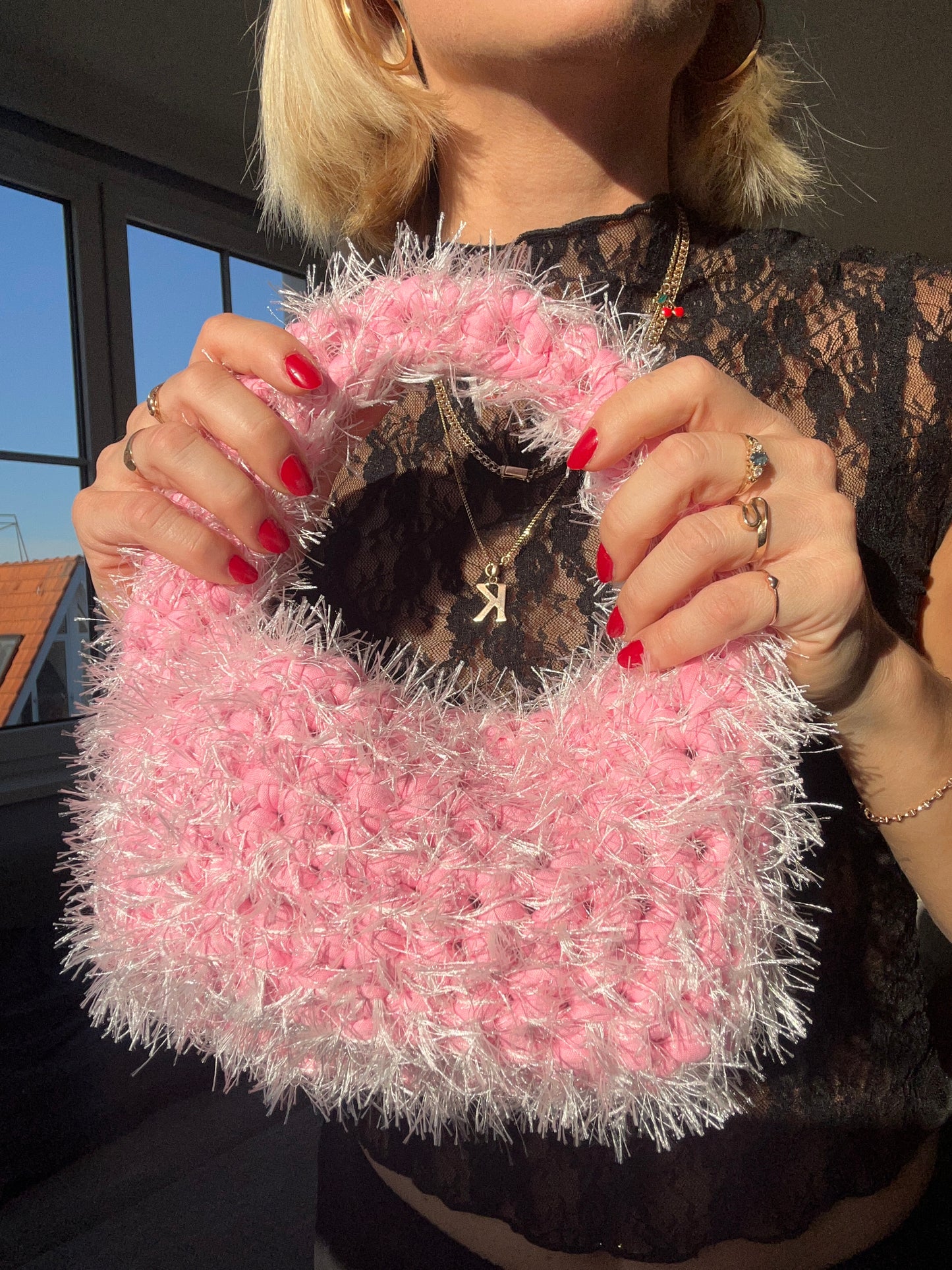 Fluffy Baby Pink Mini Crochet Bag - LIINA