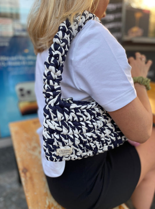 Navy and White Crochet Bag - Mini Crohini LIINA Bag - Handmade