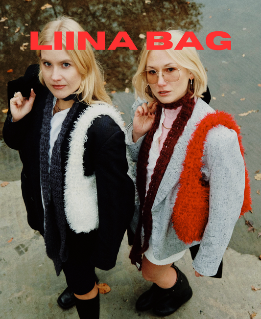 Two people wearing stylish outfits with 'LIINA BAG' branding.