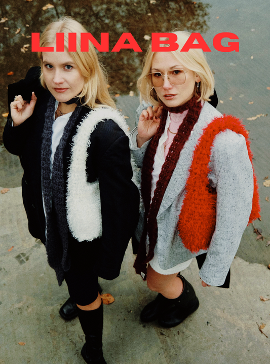 Two people wearing colorful knitted vests with 'LIINA BAG' branding.