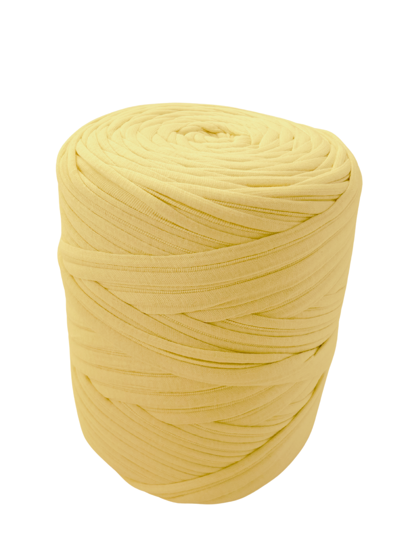 roll of pastel yellow tshirt yarn on a white background