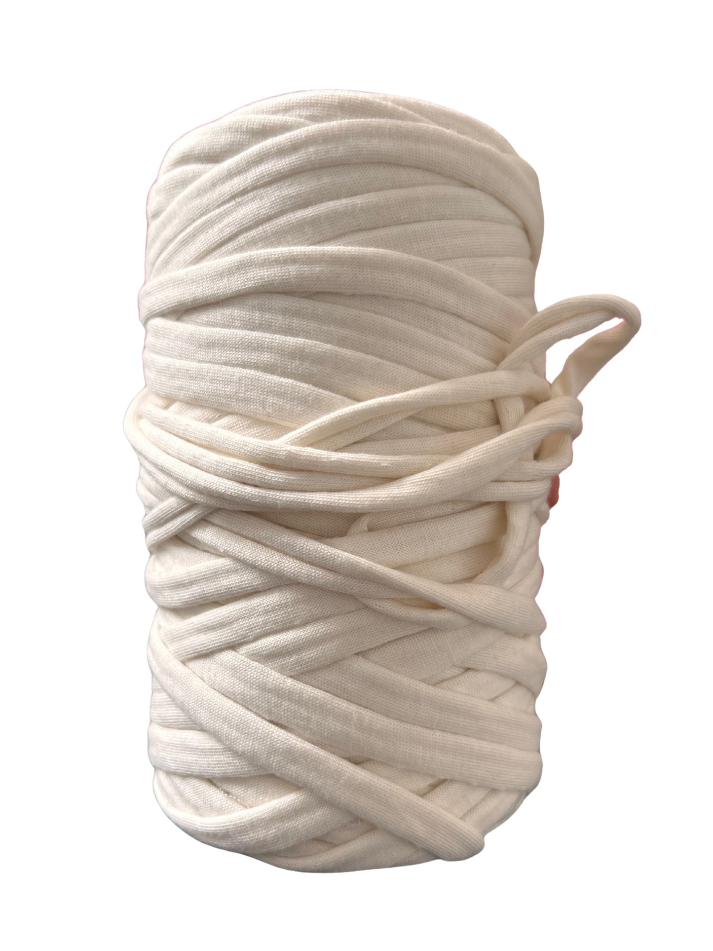 roll of off-white tshirt yarn on a white background