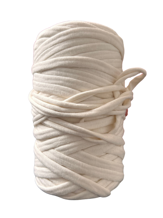 roll of off-white tshirt yarn on a white background